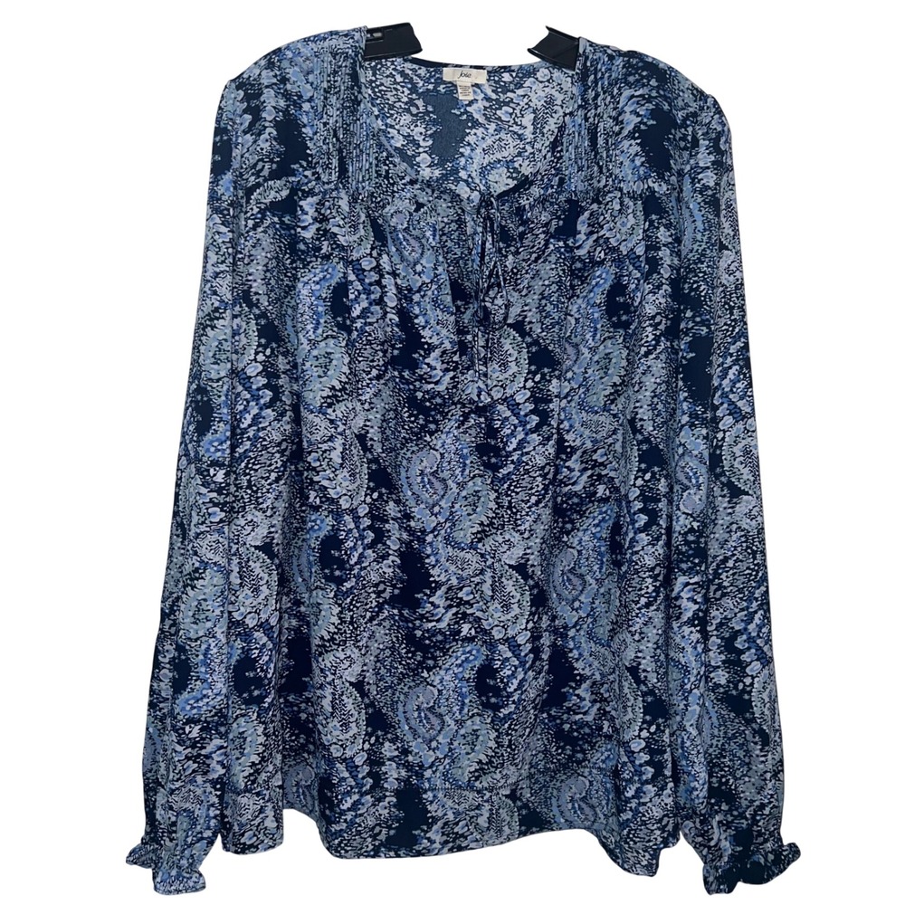 Joie Parisian Paisley Blue Smocked Tie Neck Blouse XL JE7027PR Cottagecore Boho